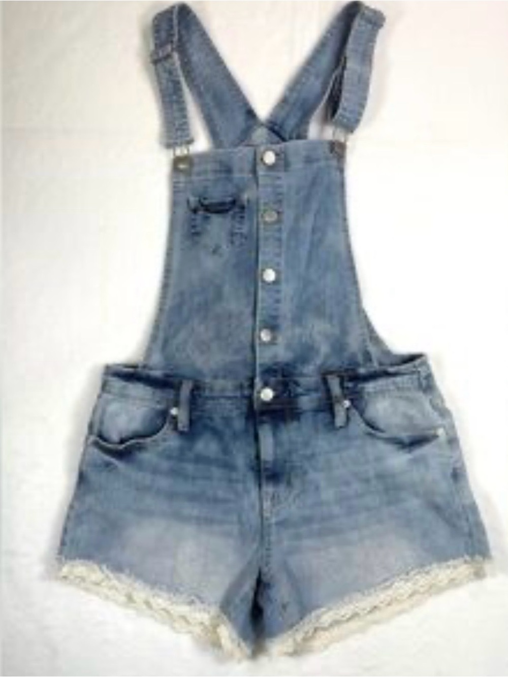 Mossimo M Acid Wash Lace-Trim Short Denim Bib Overalls Coquette Boho Festival